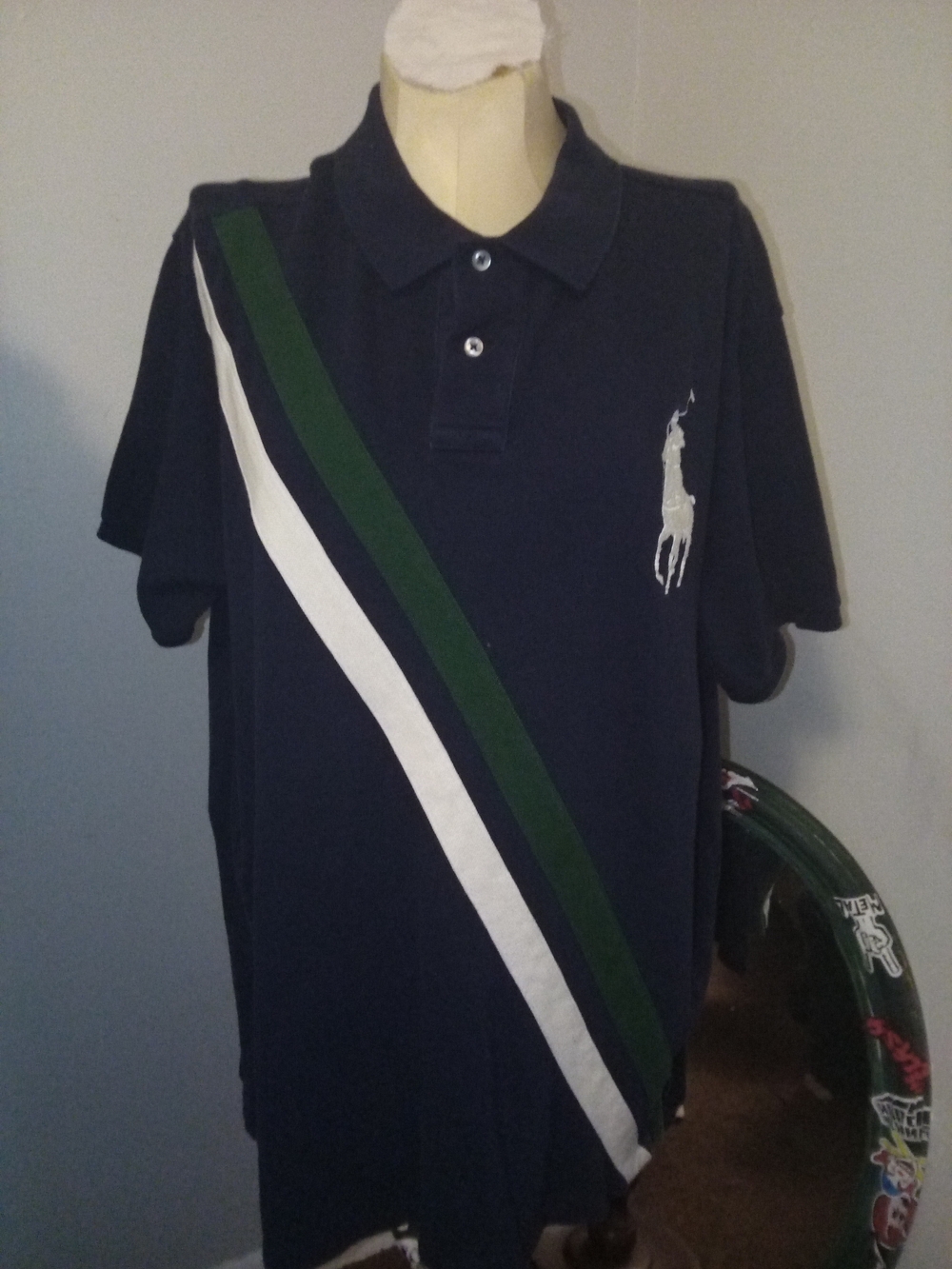 Polo by Ralph Lauren Navy Polo with Green & White Diagonal Stripes and Pony Logo